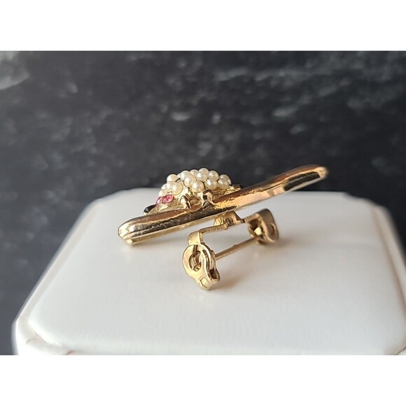 Ladybug On Wishbone Faux Pearl And Rhinestone Brooch Vintage Costume Jewelry - Picture 3 of 10